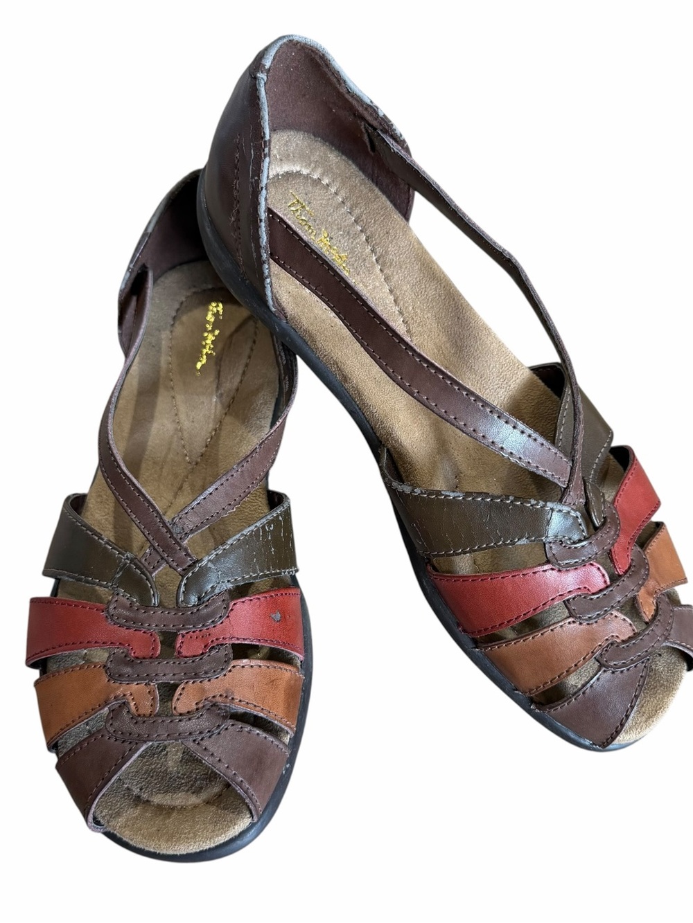 Thom McAn Sandals US 8.5W Brown Braided Open Toe Comfort Flat Shoes FLAWS